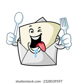 vector cartoon, character, and mascot of an open envelope holding spoon and fork.