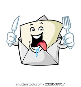 dibujos animados vectoriales, personajes y mascota de un sobre abierto que contiene un cuchillo y un tenedor.