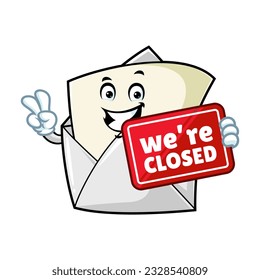 vector cartoon, character, and mascot of an open envelope holding closed signboard.