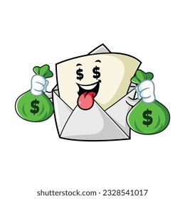 vector cartoon, character, and mascot of an open envelope holding money bags.