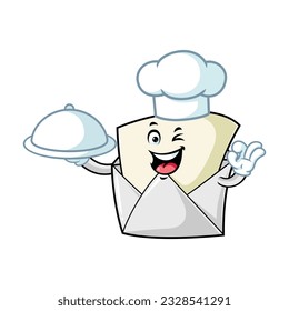 dibujos animados vectoriales, personajes y mascota de un chef de sobres abierto que sostiene la restauración de la bandeja.