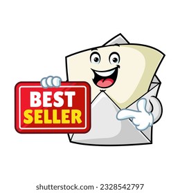 vector cartoon, character, and mascot of an open envelope holding best seller signboard.