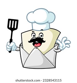 vector cartoon, character, and mascot of an open envelope holding spatula.