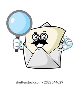vector cartoon, character, and mascot of an open envelope holding loupe.
