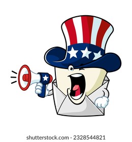 vector cartoon, character, and mascot of an open envelope uncle sam holding megaphone.