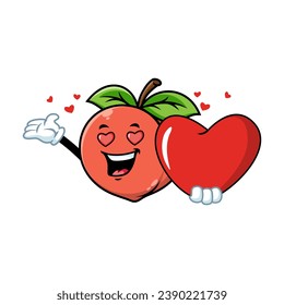 vector cartoon, character, and mascot of a peach holding heart in love.