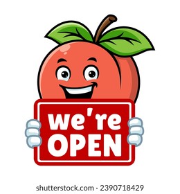 vector cartoon, character, and mascot of a peach holding open signboard.