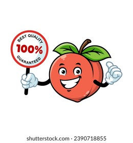 vector cartoon, character, and mascot of a peach holding guaranteed signboard.
