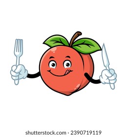 vector cartoon, character, and mascot of a peach holding fork and knife.