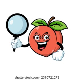 vector cartoon, character, and mascot of a peach holding loupe.