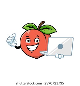 vector cartoon, character, and mascot of a peach holding laptop.