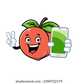 vector cartoon, character, and mascot of a peach holding smartphone.