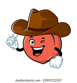 vector cartoon, character, and mascot of a peach wearing cowboy hat.