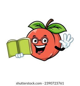 vector cartoon, character, and mascot of a peach holding book.