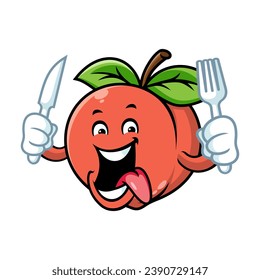 vector cartoon, character, and mascot of a peach holding knife and fork.
