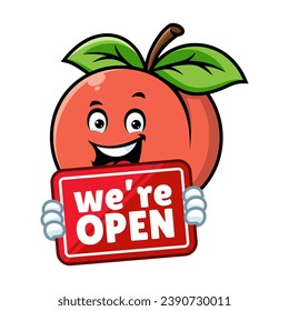 vector cartoon, character, and mascot of a peach holding open signboard.