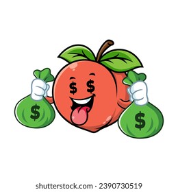 dibujos animados vectoriales, personajes y mascota de un melocotón con bolsa de dinero.