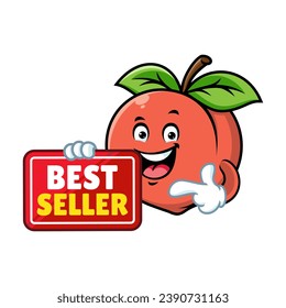 vector cartoon, character, and mascot of a peach holding best seller signboard.