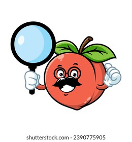 vector cartoon, character, and mascot of a peach holding loupe.