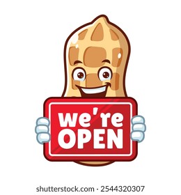 vector cartoon, character, and mascot of a peanuts holding open signboard.