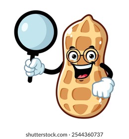 Dibujos animados de Vector, personaje y mascota de un maní sosteniendo lupa.