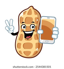 desenho animado vetorial, personagem e mascote de um amendoim segurando smartphone.