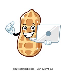 desenho animado vetorial, personagem e mascote de um amendoim segurando laptop.