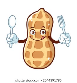 vector cartoon, character, and mascot of a peanuts holding spoon and fork.