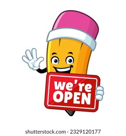 vector cartoon, character, and mascot of a pencil holding open signboard.