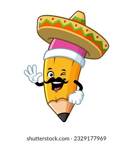 vector cartoon, character, and mascot of a pencil wearing sombrero hat.