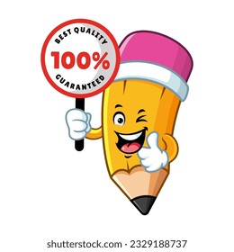 vector cartoon, character, and mascot of a pencil holding guaranteed signboard.
