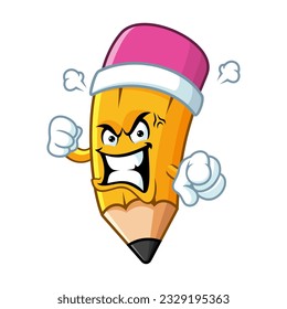 vector cartoon, character, and mascot of a pencil with angry expression face.