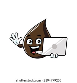 vector cartoon, character, and mascot of a petroleum oil drop holding laptop.