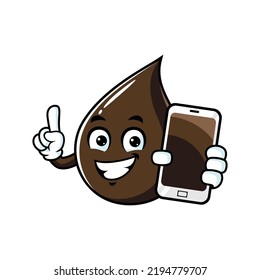 vector cartoon, character, and mascot of a petroleum oil drop holding smartphone.