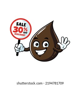 vector cartoon, character, and mascot of a petroleum oil drop holding discount signboard.