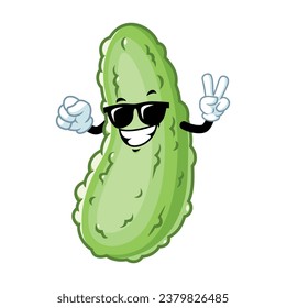 vector cartoon, character, and mascot of a pickle wearing black eyeglasses.