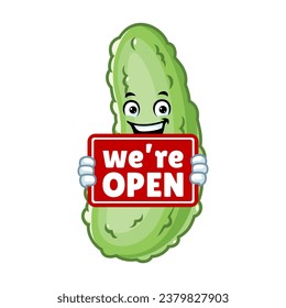 vector cartoon, character, and mascot of a pickle holding open signboard.