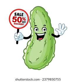 vector cartoon, character, and mascot of a pickle holding discount signboard.