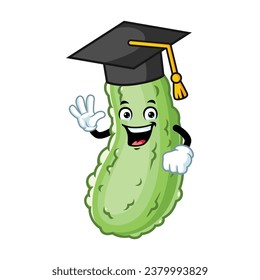 vector cartoon, character, and mascot of a pickle wearing graduation hat.