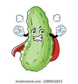 vector cartoon, character, and mascot of a pickle superhero with angry expression face.
