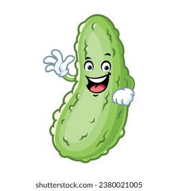 vector cartoon, character, and mascot of a pickle with wave hand.
