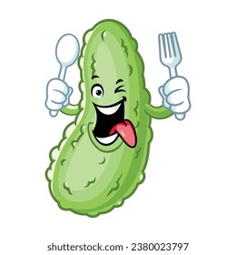 vector cartoon, character, and mascot of a pickle holding spoon and fork.