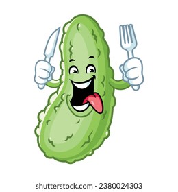 vector cartoon, character, and mascot of a pickle holding knife and fork.