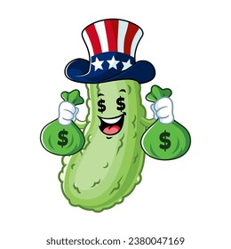 vector cartoon, character, and mascot of a pickle sam holding money bag.