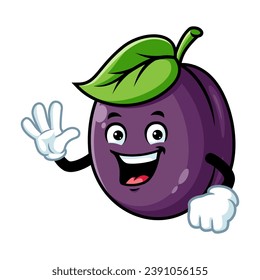 vector cartoon, character, and mascot of a plum with wave hand.