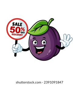 vector cartoon, character, and mascot of a plum holding discount signboard.