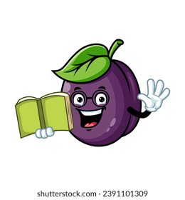 vector cartoon, character, and mascot of a plum holding book.