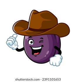 vector cartoon, character, and mascot of a plum wearing cowboy hat.