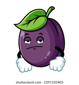 vector cartoon, character, and mascot of a plum with bored expression face.