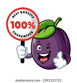 vector cartoon, character, and mascot of a plum holding guaranteed signboard.